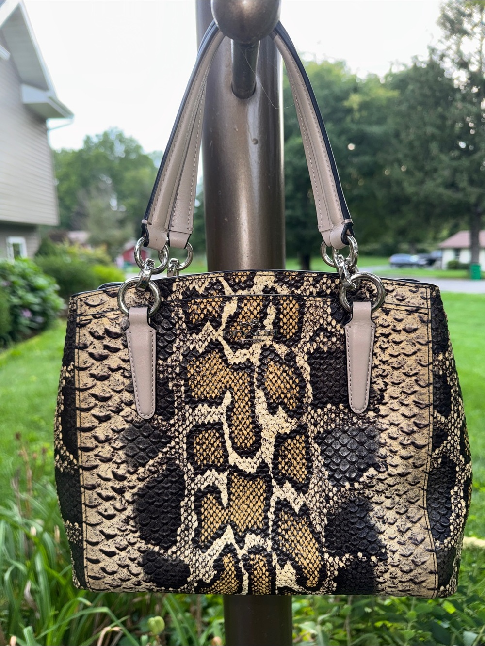 Coach Python-Print Satchel in Black and Tan with Light Taupe Handles